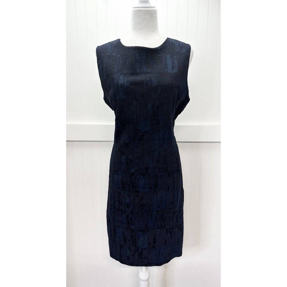 MM LaFleur Dress Shirley Sheath 14 Blue/Black Jacquard Sleeveless Stretch Slit